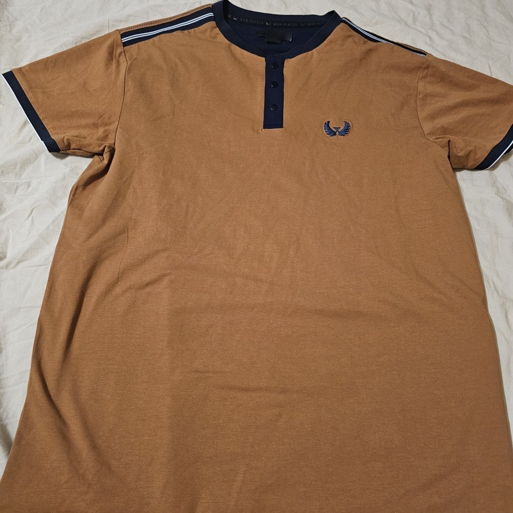 Nick Danger Polo Shirt Mens Size M Brown Short Sleeve Crew Neck Snap Up